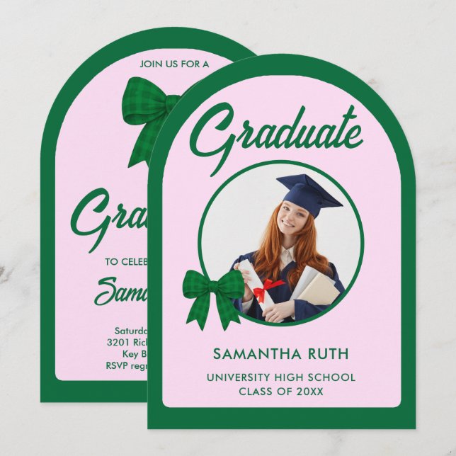 Green Gingham Bow Arch Photo Graduation Party Invitation (Front/Back)