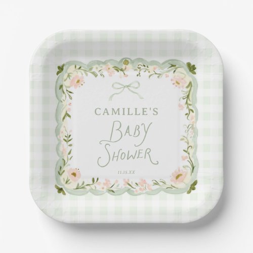 Green Gingham Bow Baby Shower Paper Plates