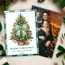 Green Gingham Bow Christmas Tree family Photo Card