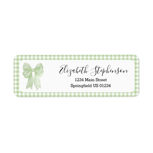 Green Gingham Bow Girly Return Address Label (Front)