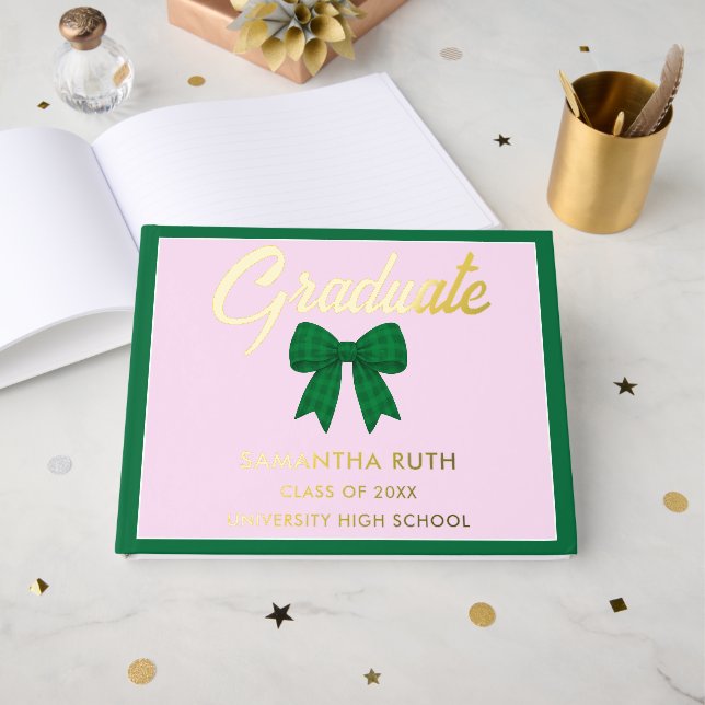 Green Gingham Bow Graduation Party Foil Guest Book (Front Open)