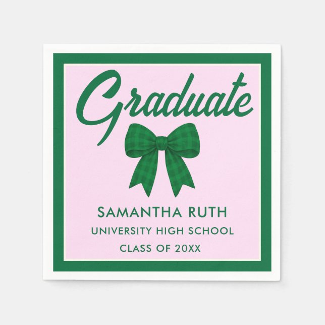 Green Gingham Bow Graduation Party Napkins (Front)