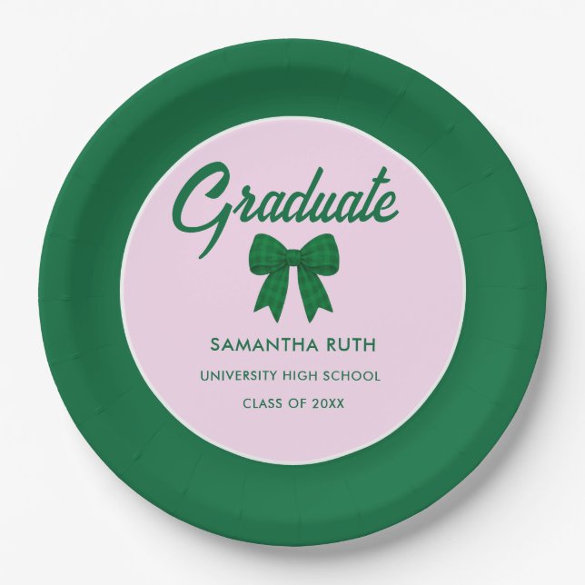 Green Gingham Bow Graduation Party Paper Plates (Front)