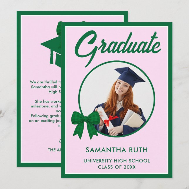 Green Gingham Bow Photo Graduation Announcement (Front/Back)