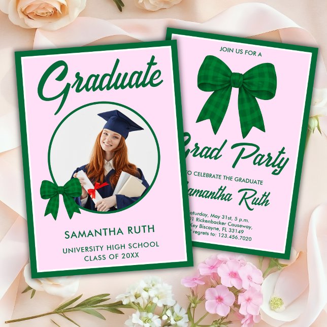 Green Gingham Bow Photo Graduation Party Invitation (Creator Uploaded)