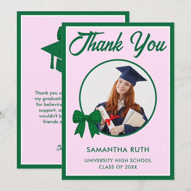 Green Gingham Bow Photo Graduation Thank You Card (Front/Back)