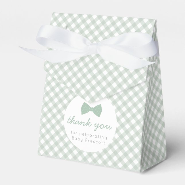 Green gingham boy bow tie baby shower favor box (Front Side)