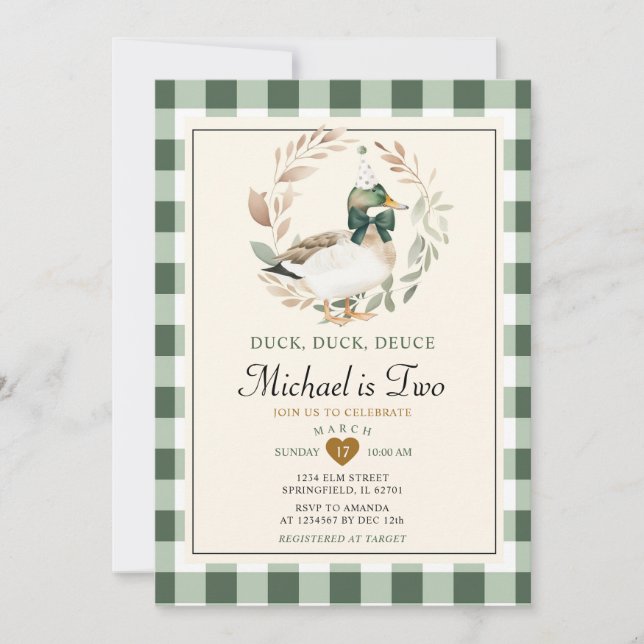 Green Gingham Boy Duck Duck Deuce 2nd Birthday Invitation (Front)