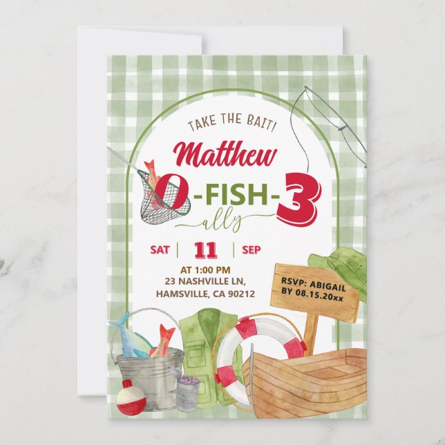 Green Gingham Boy Fishing Birthday Invitation (Front)