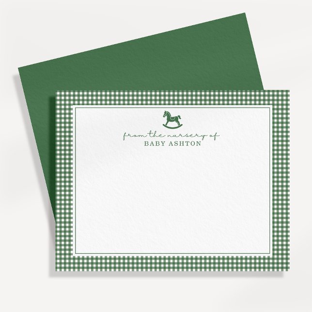 Green Gingham  Boy Personalized Nursery Note Card (Creator Uploaded)