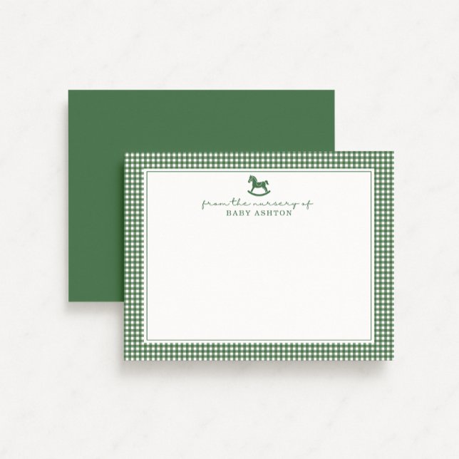 Green Gingham  Boy Personalized Nursery Note Card (Creator Uploaded)
