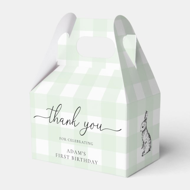 Green Gingham Bunny Birthday Thank You Favor Box (Front Side)