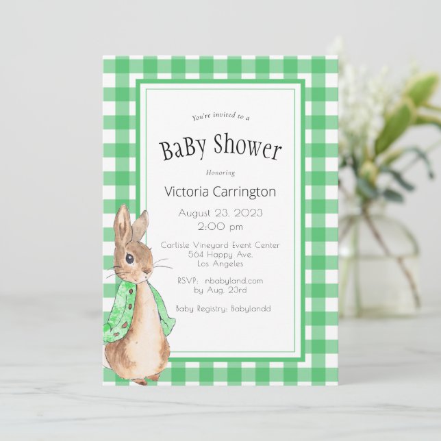 Green Gingham Bunny Rabbit Baby Shower Invitation (Standing Front)