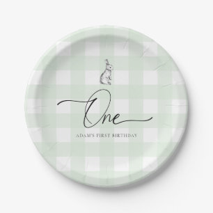 Green Gingham Bunny Rabbit First Birthday Paper Plates