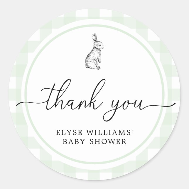Green Gingham Bunny Rabbit Shower Favor Sticker (Front)