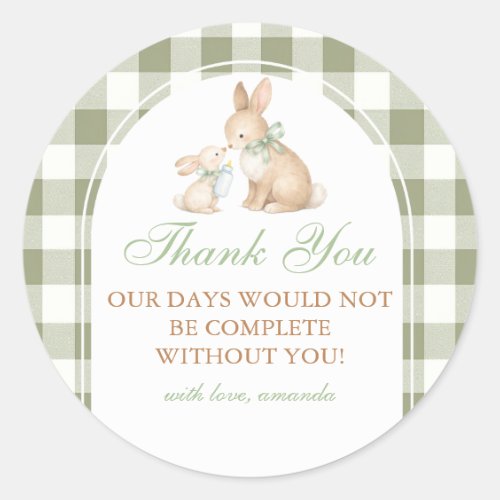 Green Gingham Bunny Spring Easter Baby Shower  Classic Round Sticker