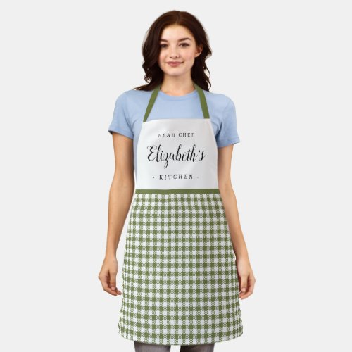 Green gingham check adult personalized cooking apron