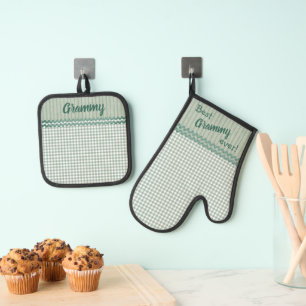 Green Gingham Check and Stripes Personalized  Oven Mitt & Pot Holder Set