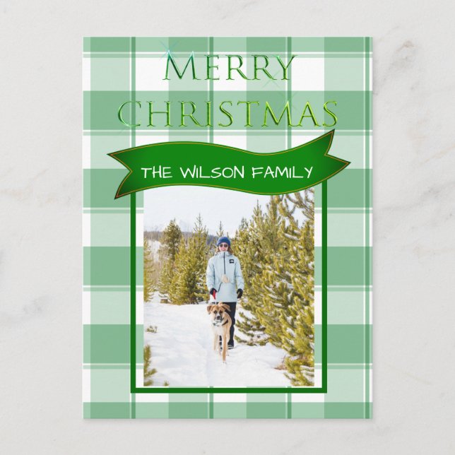 Green Gingham Check Country Xmas Photo Postcard (Front)