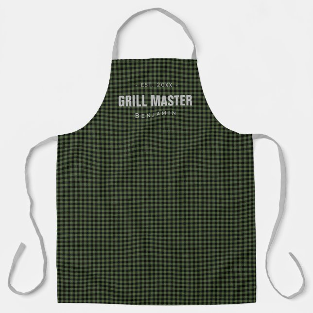 Green gingham check grill master personalized apron (Front)