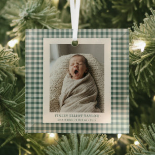 Green Gingham Check Newborn Photo Baby Boy Birth Glass Ornament