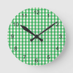 Green Gingham Check Pattern Round Clock