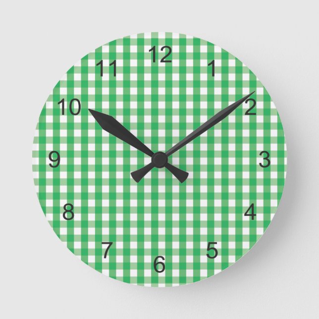 Green Gingham Check Pattern Round Clock (Front)