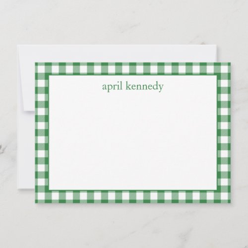 Green Gingham Check Personalized Flat Note Card