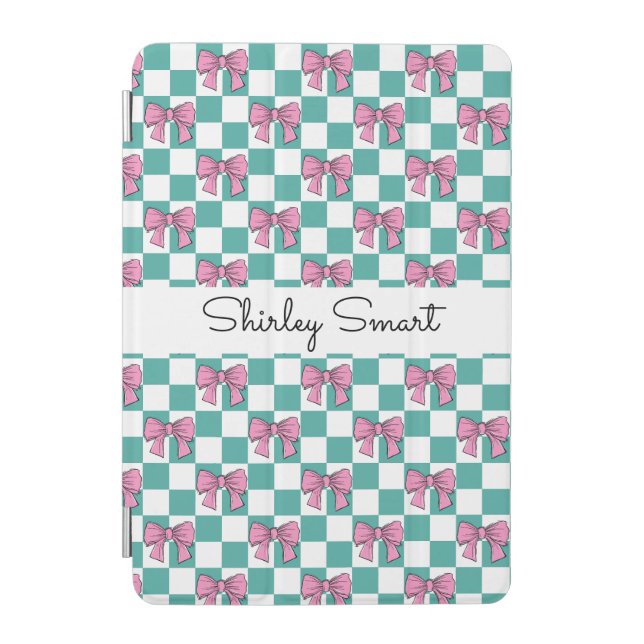 Green Gingham Check with Pink Bows iPad Case –  (Front)