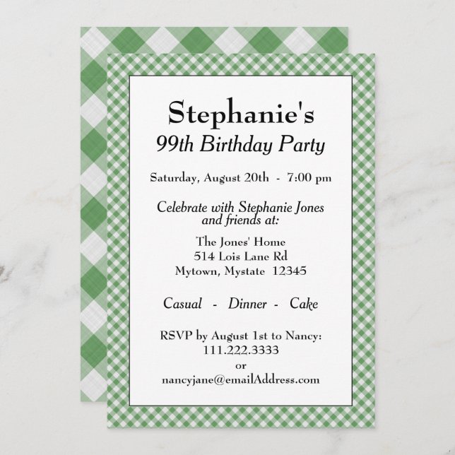 Green Gingham Checks Pattern For All Occasions Invitation (Front/Back)