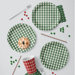 Green Gingham Christmas Paper Plates