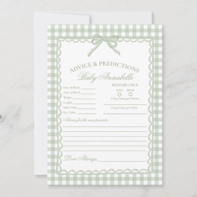 Green Gingham Coquette Bow Advice for Baby Card (Front)