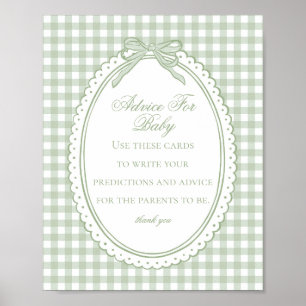 Green Gingham Coquette Bow Advice for Baby Shower Poster