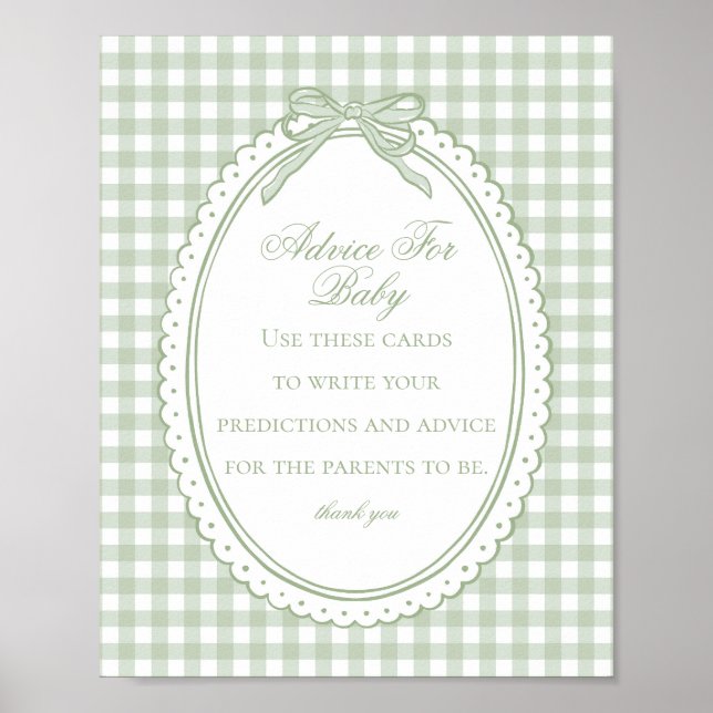 Green Gingham Coquette Bow Advice for Baby Shower Poster (Front)