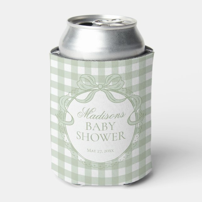 Green Gingham Coquette Bow Baby Shower Favor Can Cooler (Can Front)