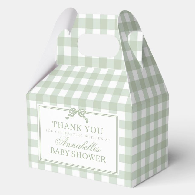 Green Gingham Coquette Bow Baby Shower Gable Favor Boxes (Front)