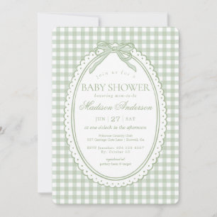 Green Gingham Coquette Bow Baby Shower Invitation