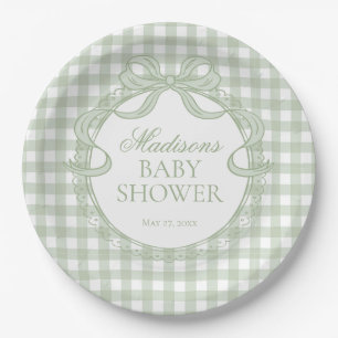 Green Gingham Coquette Bow Baby Shower Paper Plates