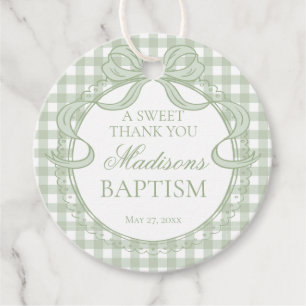 Green Gingham Coquette Bow Baptism Circle Favor Tags