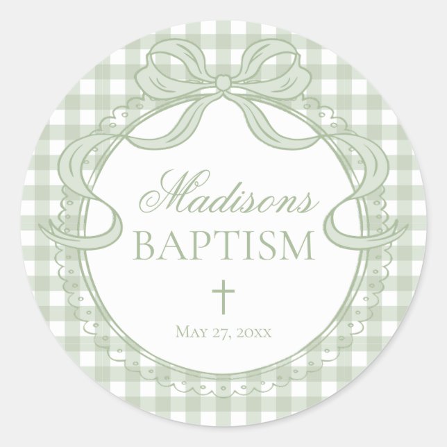 Green Gingham Coquette Bow Baptism Envelope Seal (Front)