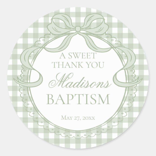 Green Gingham Coquette Bow Baptism Favor Classic Round Sticker (Front)