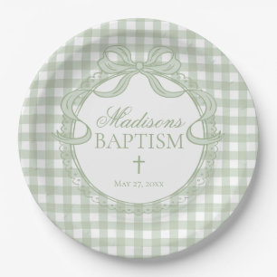 Green Gingham Coquette Bow Baptism Paper Plates
