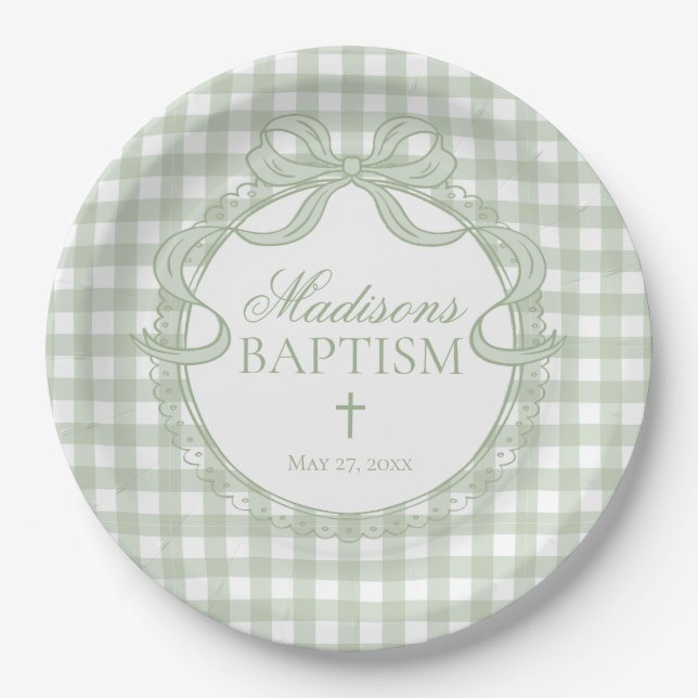 Green Gingham Coquette Bow Baptism Paper Plates (Front)