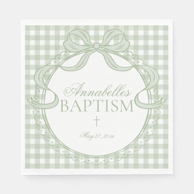 Green Gingham Coquette Bow Baptism Table Decor Napkins (Front)
