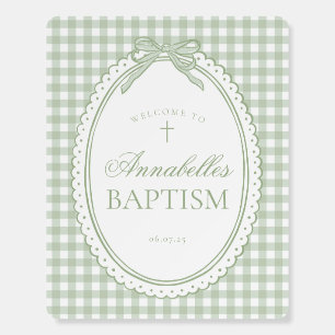 Green Gingham Coquette Bow Baptism Welcome Sign