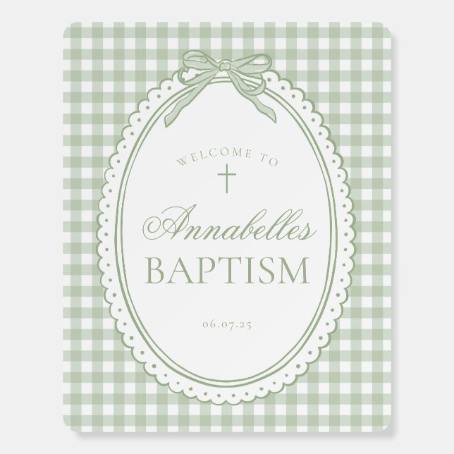 Green Gingham Coquette Bow Baptism Welcome Sign (Front)