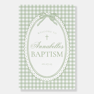 Green Gingham Coquette Bow Baptism Welcome Sign