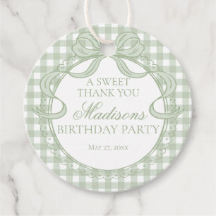 Green Gingham Coquette Bow Birthday Party Circle Favor Tags