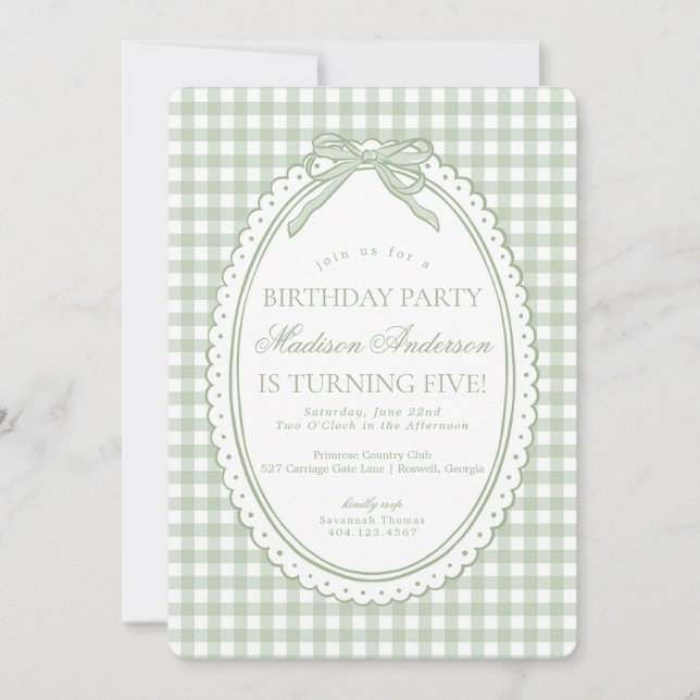 Green Gingham Coquette Bow Birthday Party Invitation (Front)