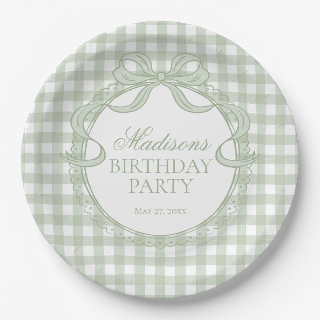 Green Gingham Coquette Bow Birthday Party Paper Plates (Front)